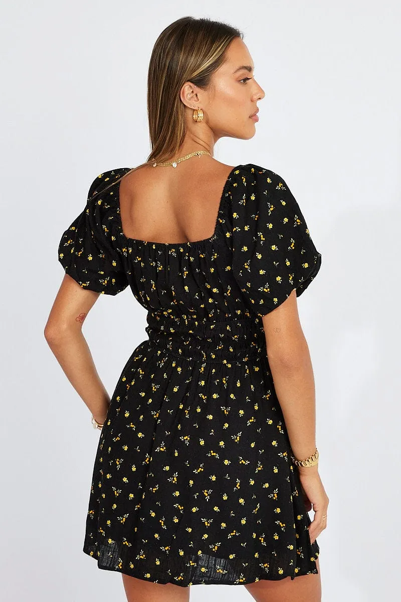 Black Floral Fit And Flare Dress Puff Sleeve Mini sold by Ally Fashion product image thumbnail 5