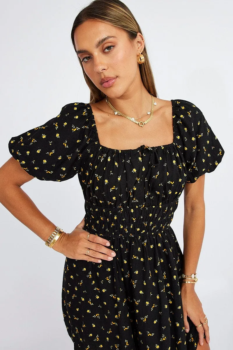 Black Floral Fit And Flare Dress Puff Sleeve Mini sold by Ally Fashion product image thumbnail 2