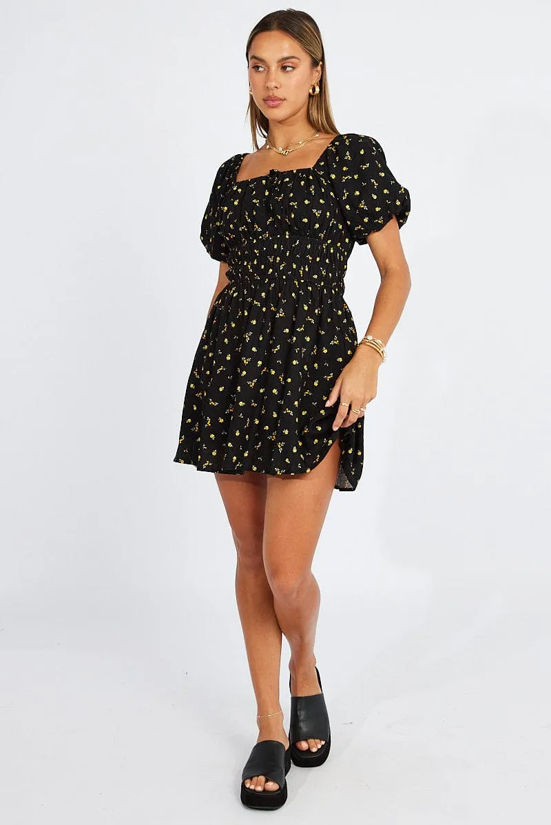 Black Floral Fit And Flare Dress Puff Sleeve Mini sold by Ally Fashion product image thumbnail 3