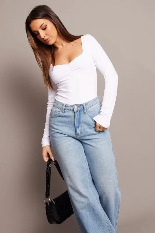 White Bodysuit Long Sleeve Square Neck sold by Ally Fashion