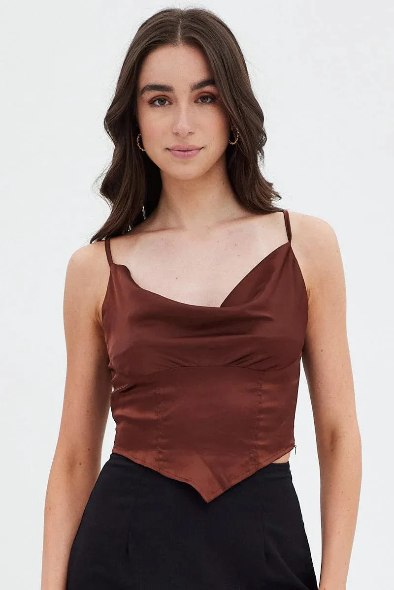 Brown Sleeveless Satin Cami Top sold by Ally Fashion product image thumbnail 3