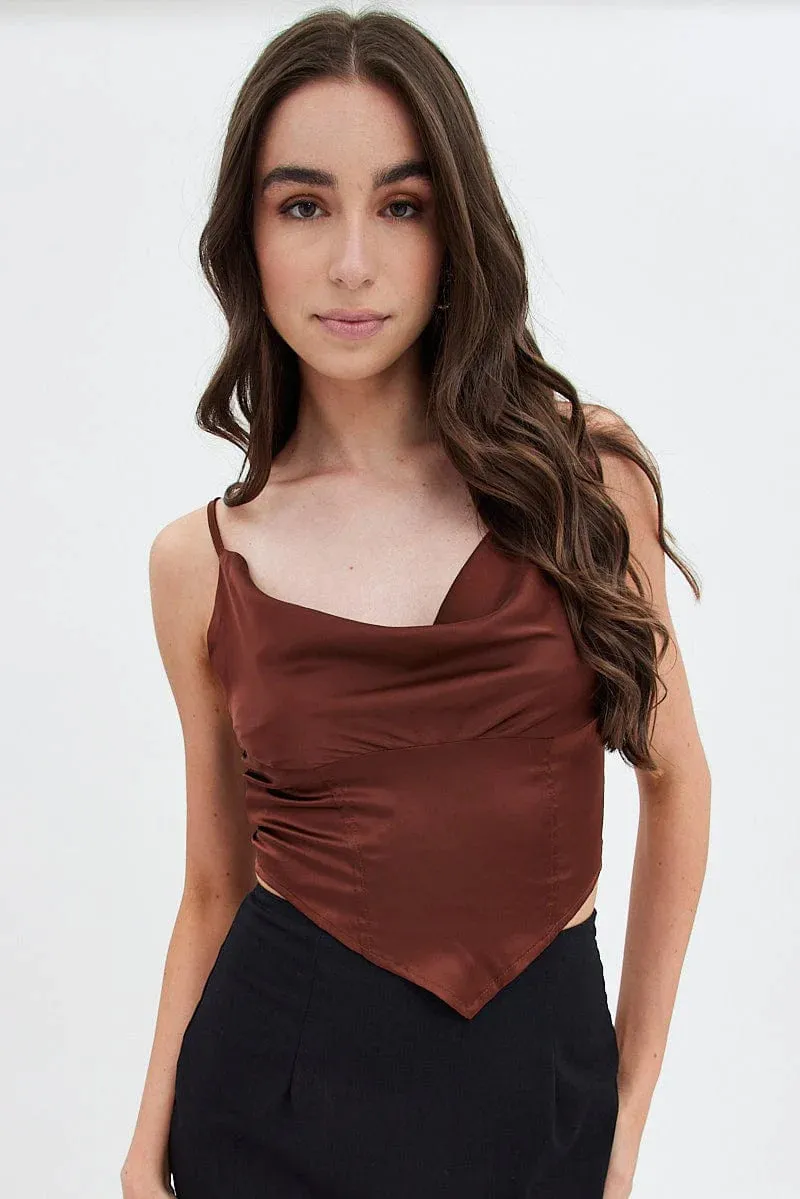 Brown Sleeveless Satin Cami Top sold by Ally Fashion