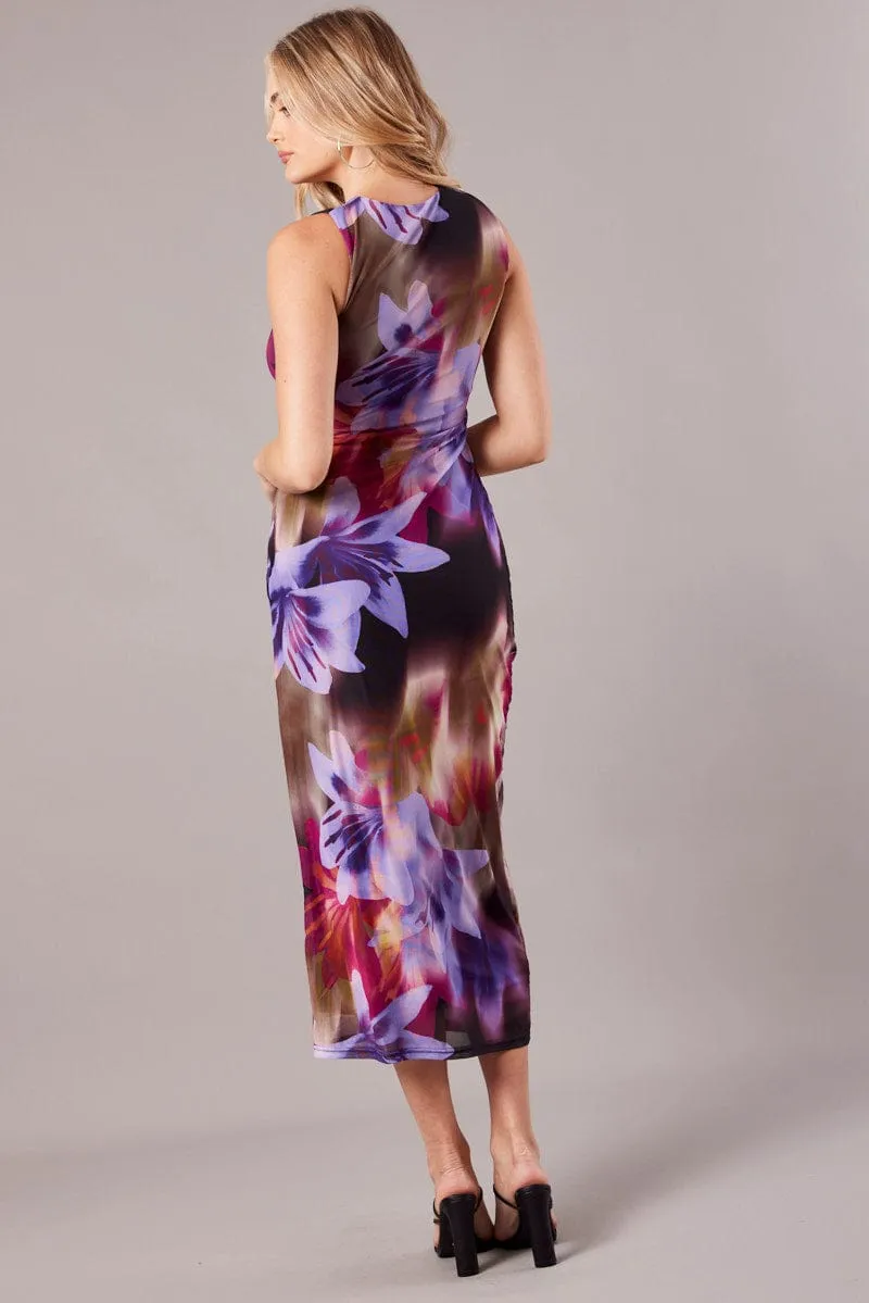 Multi Floral Bodycon Dress Round Neck Sleeveless Mesh sold by Ally Fashion product image thumbnail 5