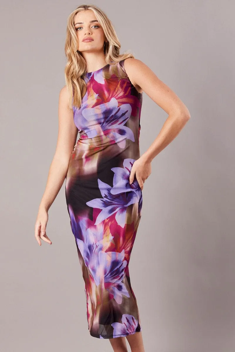 Multi Floral Bodycon Dress Round Neck Sleeveless Mesh sold by Ally Fashion product image thumbnail 2