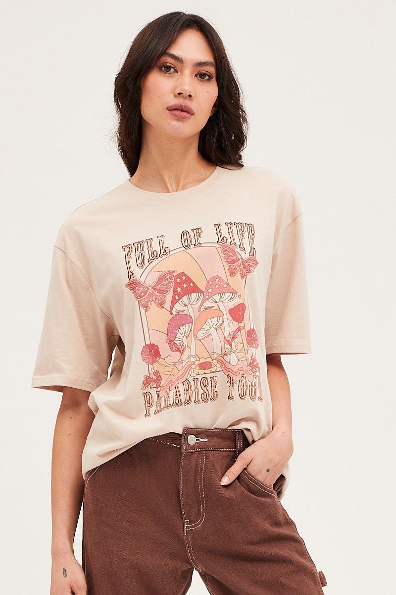 Beige Jersey Short Sleeve Graphic Tee sold by Ally Fashion product image thumbnail 3