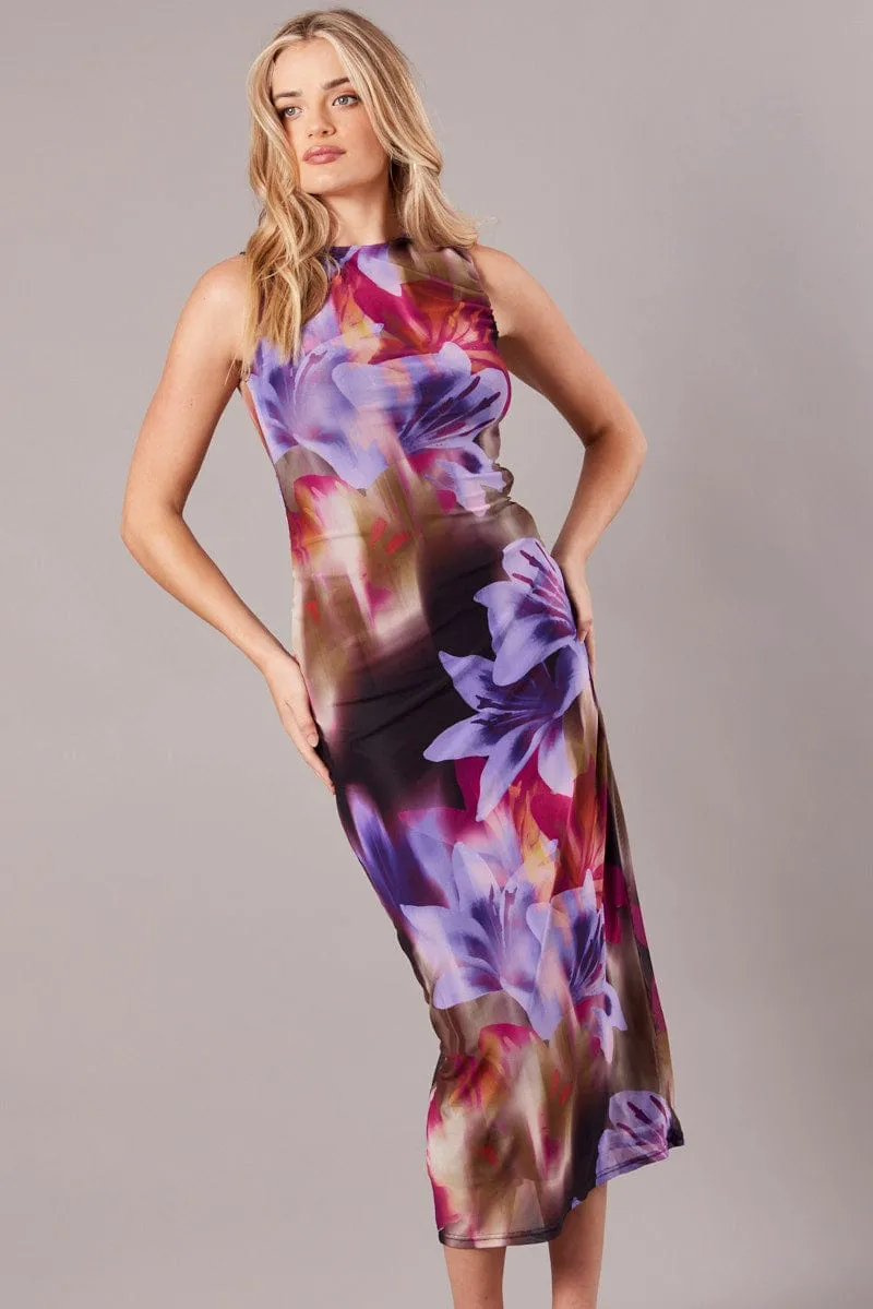 Multi Floral Bodycon Dress Round Neck Sleeveless Mesh sold by Ally Fashion product image thumbnail 3