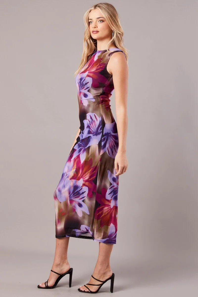 Multi Floral Bodycon Dress Round Neck Sleeveless Mesh sold by Ally Fashion product image thumbnail 4
