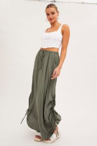 Green Maxi Skirt High Rise Side Ruched sold by Ally Fashion