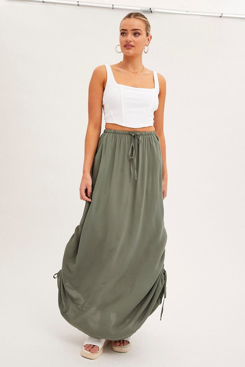 Green Maxi Skirt High Rise Side Ruched sold by Ally Fashion