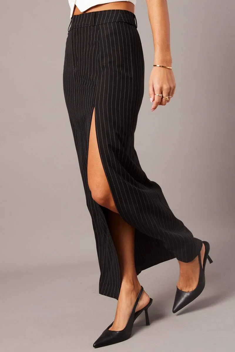 Black Stripe Midi Skirt Tailored High Waist sold by Ally Fashion