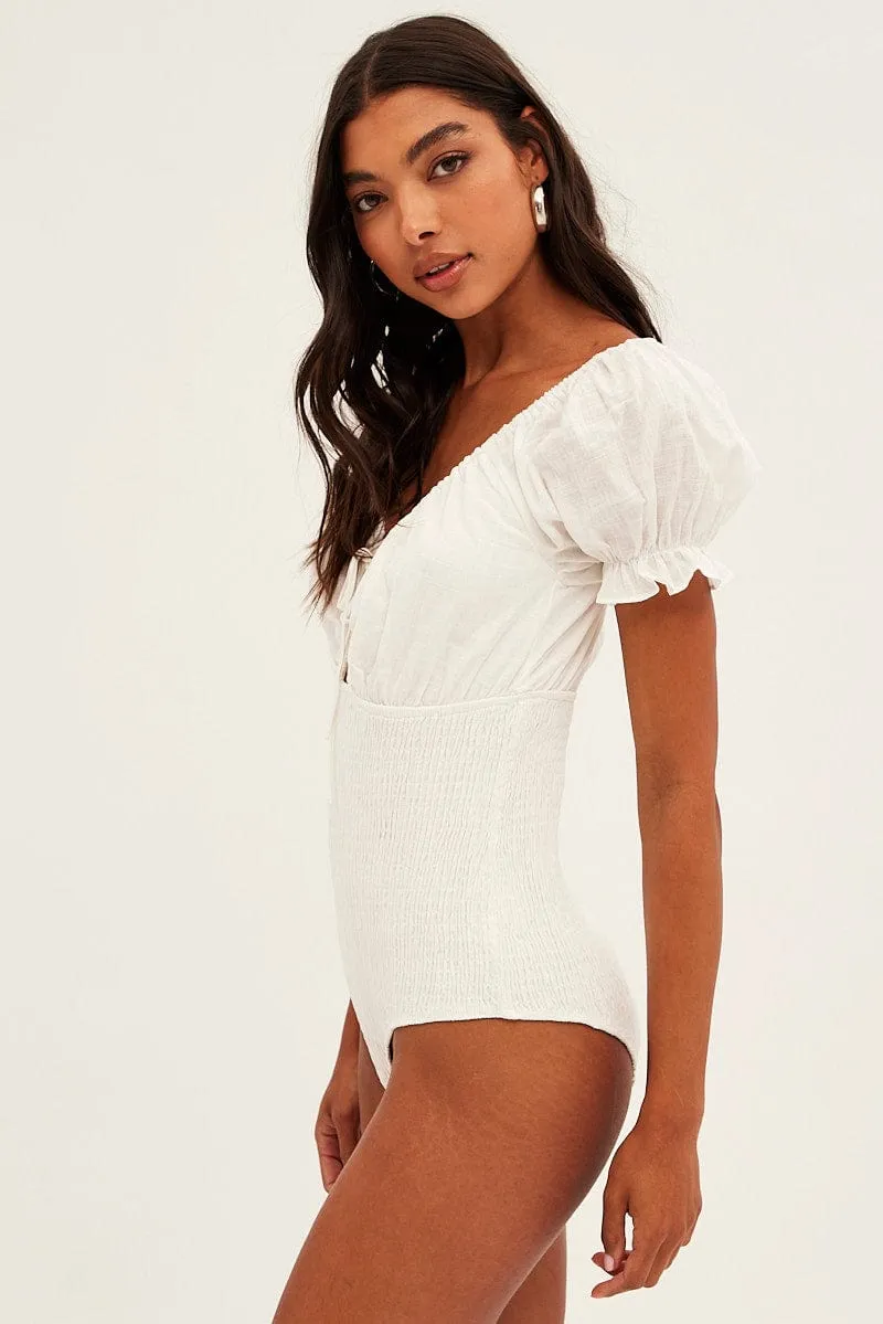 White Short Sleeve V-Neck Keyhole Shirred Bodysuit sold by Ally Fashion product image thumbnail 2