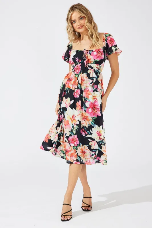 Black Floral Midi Dress Short Sleeve Ruched Bust sold by Ally Fashion