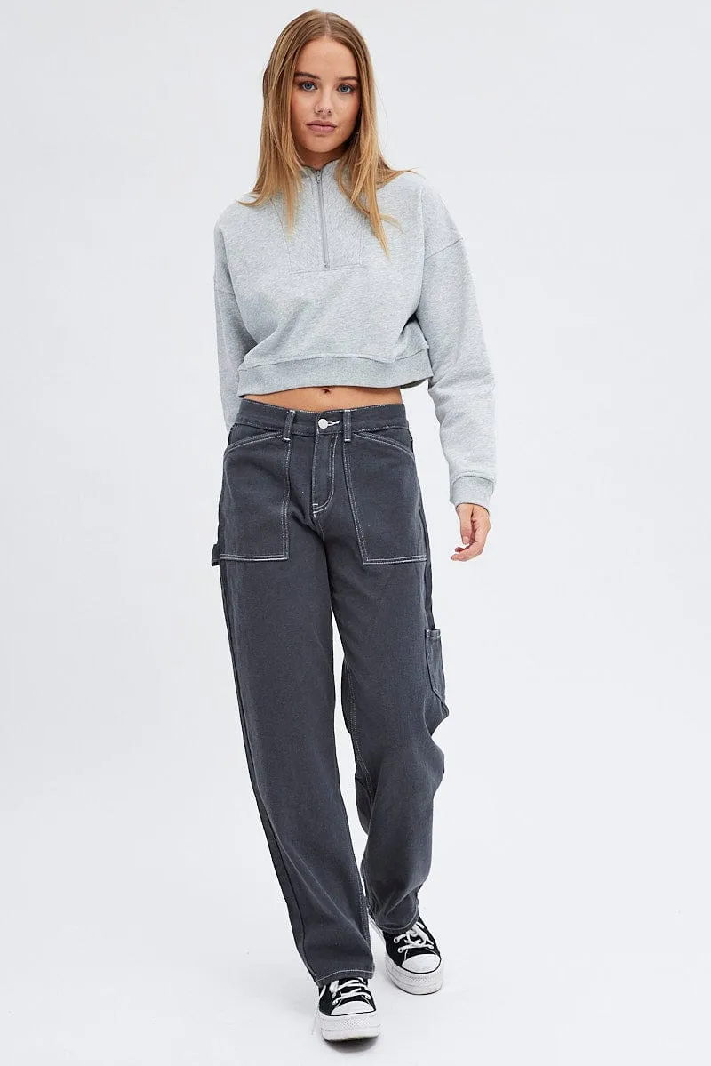 Grey Sweater Crop Half Zip Long Sleeve sold by Ally Fashion product image thumbnail 2