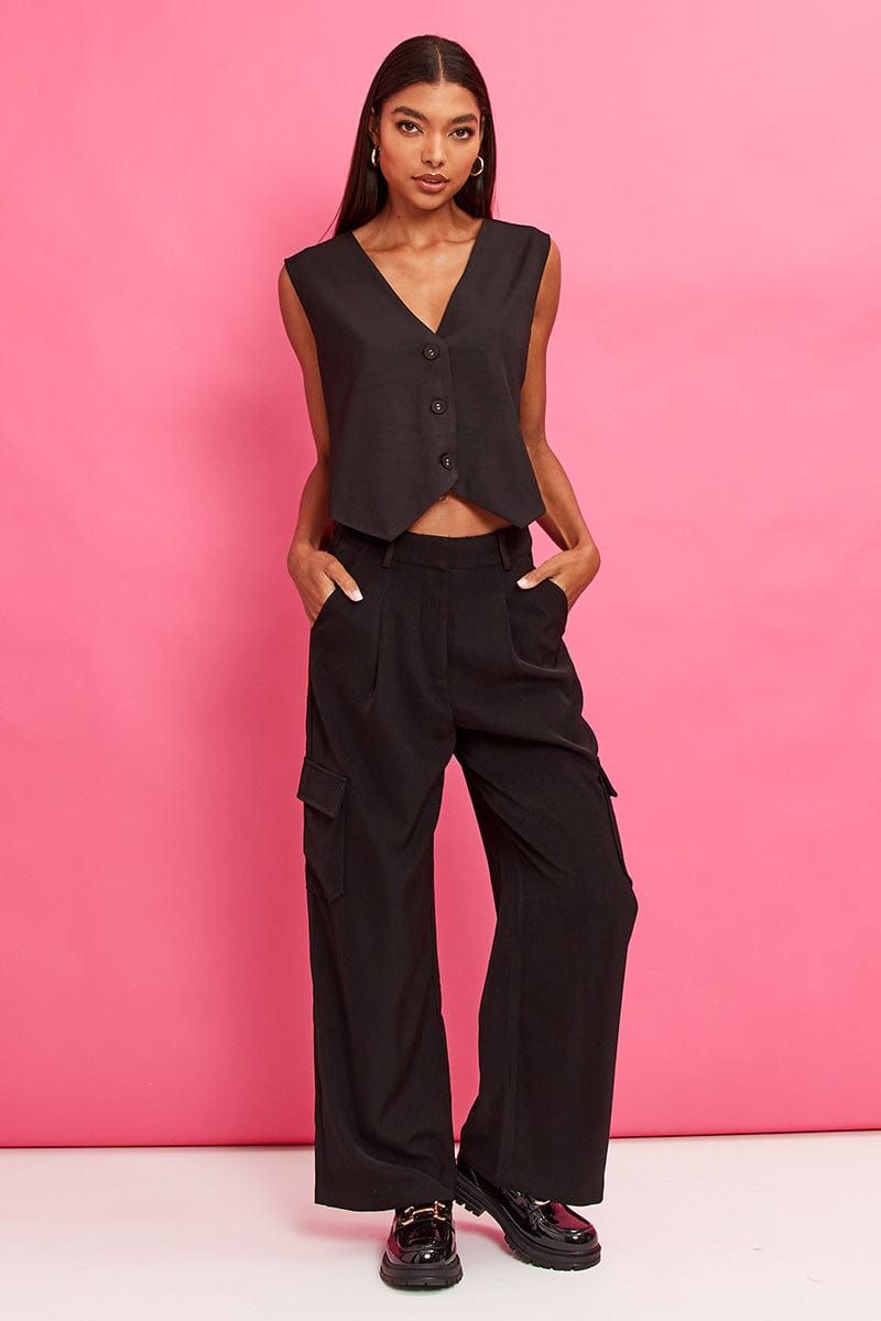 Black Wide Leg Pants High Rise Cargo Tailored sold by Ally Fashion