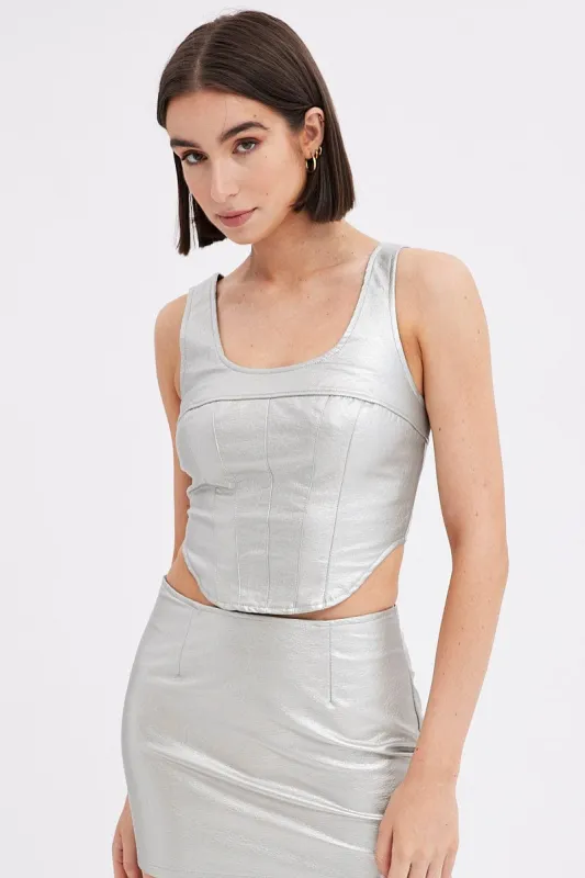 Metallic Corset Top Sleeveless Scoop Neck PU Silver sold by Ally Fashion