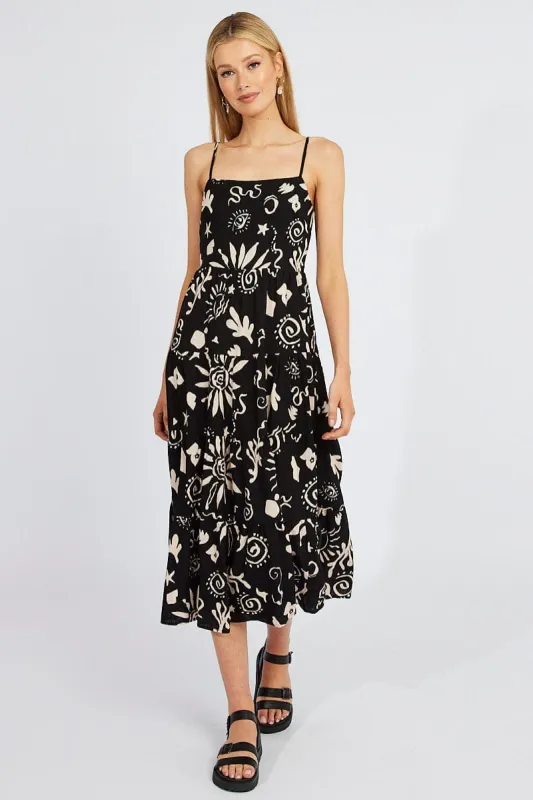 Black Abstract Maxi Dress Tiered Strappy sold by Ally Fashion