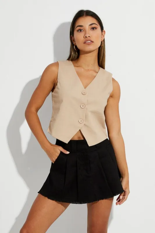 Nude Vest Top Sleeveless V-Neck Button Up Linen Blend sold by Ally Fashion