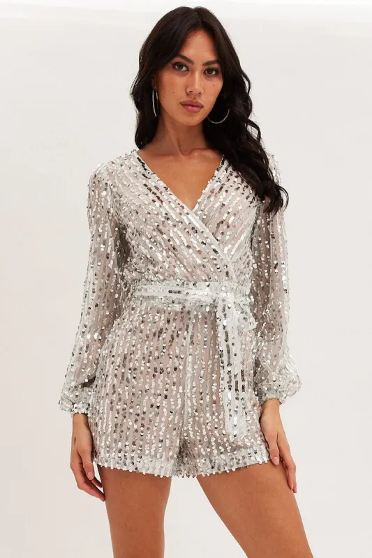 Metallic Playsuit Long Sleeve V Neck Party Sequin sold by Ally Fashion