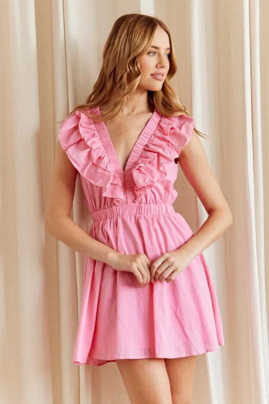 Pink Fit And Flare Dress Sleeveless Deep V Frill Mini sold by Ally Fashion