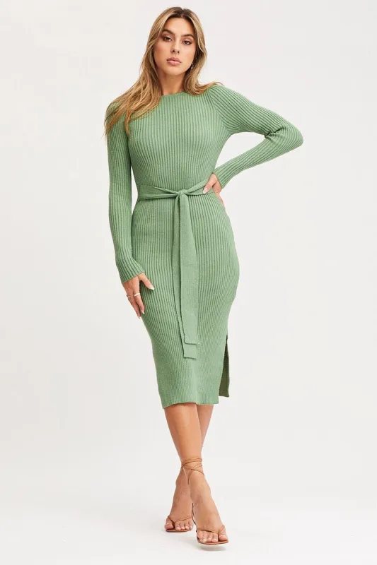Green Tie Waist Dress Long Sleeve Midi sold by Ally Fashion