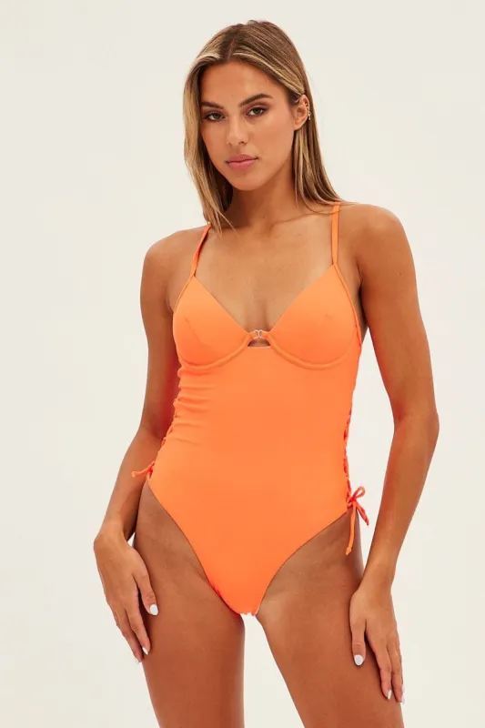 Orange Lace Up Detail One Piece Bikini sold by Ally Fashion