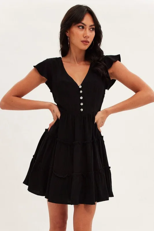 Black Fit And Flare Dress Frill Sleeve Linen Blend sold by Ally Fashion