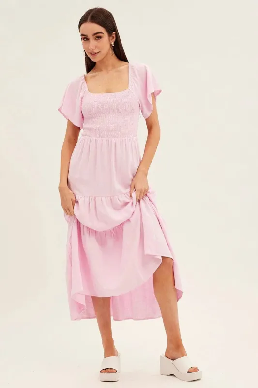 Pink Shirred Bell Sleeve Midi Dress sold by Ally Fashion