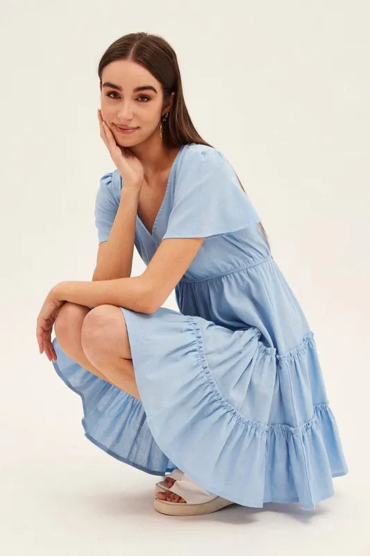 Blue Button Front Short Sleeve Mini Skater Dress sold by Ally Fashion