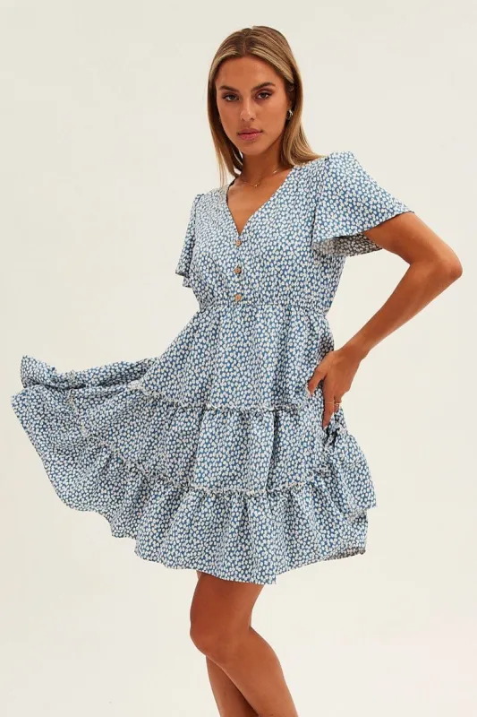 Blue Floral Button Front Short Sleeve Mini Skater Dress sold by Ally Fashion