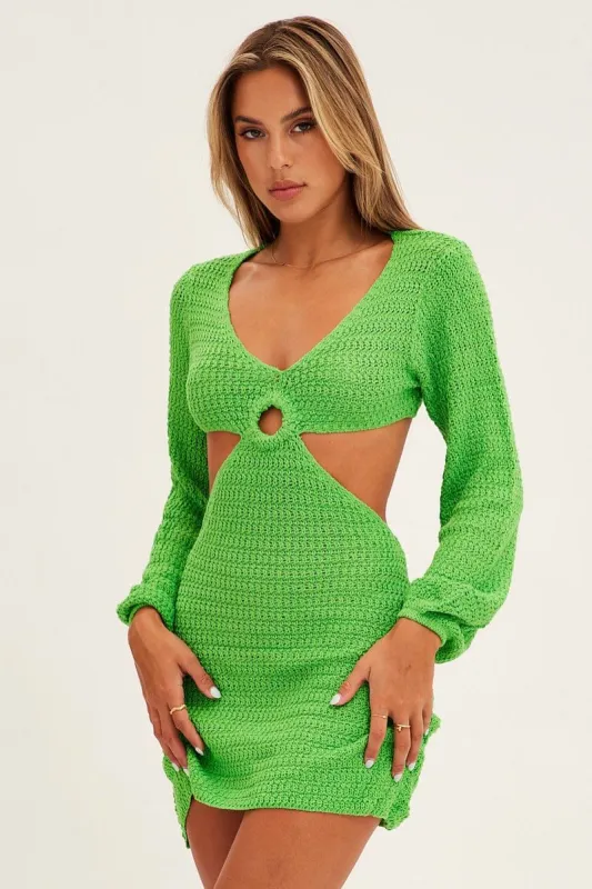 Green Crochet Long Sleeve Mini Cut Out Dress sold by Ally Fashion