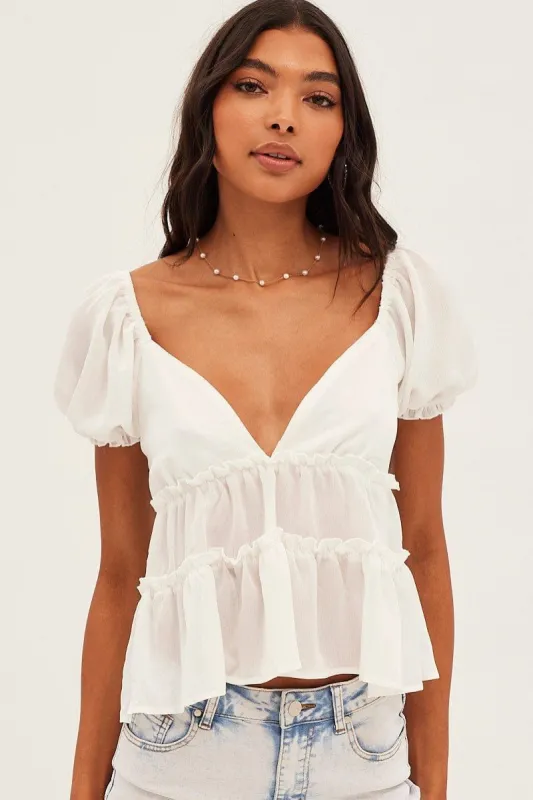 White Ruffle V Neck Puff Sleeve Tiered Top sold by Ally Fashion