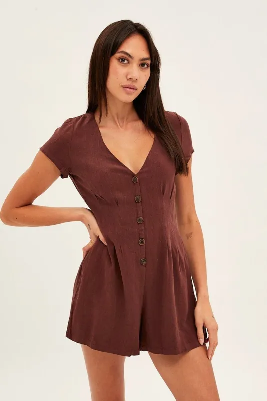 Brown Playsuit Short Sleeve V Neck Linen Blend sold by Ally Fashion