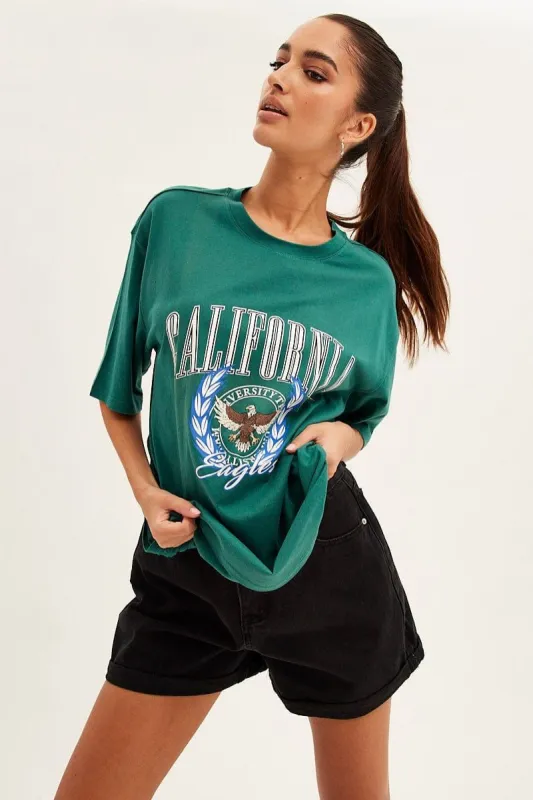 Green T Shirt Short Sleeve Crew Neck California Eagle sold by Ally Fashion