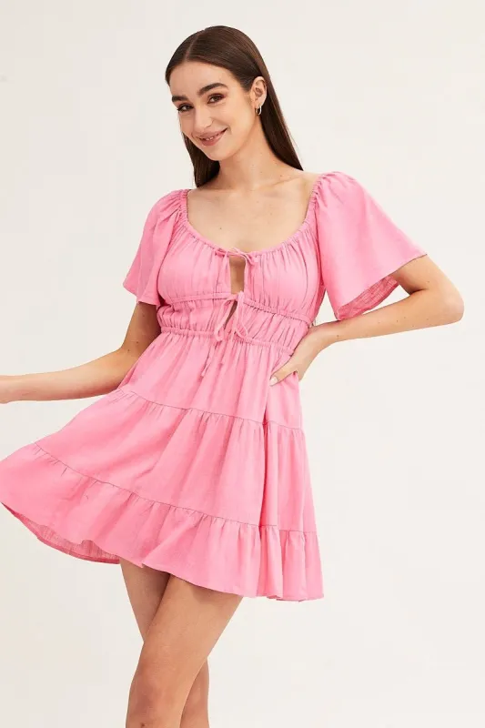 Pink Round Neck Short Sleeve Linen Blend Skater Dress sold by Ally Fashion