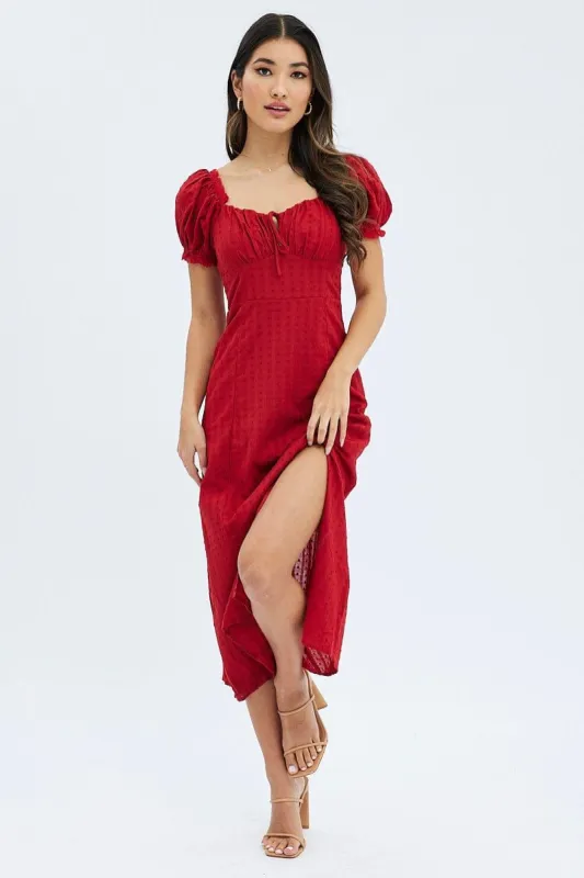 Red Midi Dress Puff Sleeve Gathered Bust Cotton sold by Ally Fashion