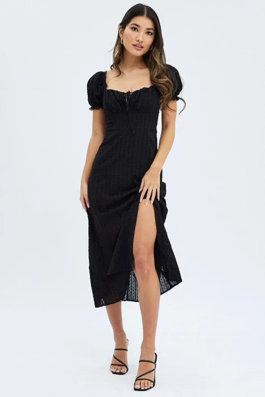 Black Midi Dress Puff Sleeve Gathered Bust Cotton sold by Ally Fashion