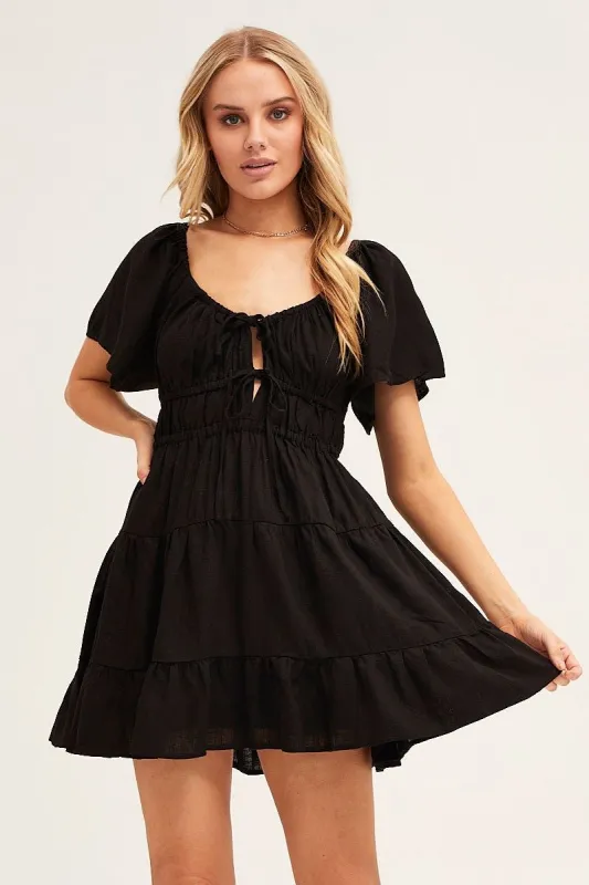 Black Dress Short Sleeve Mini Linen sold by Ally Fashion
