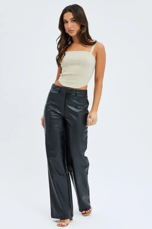 Black Straight Fit Pants High Rise Faux Leather sold by Ally Fashion