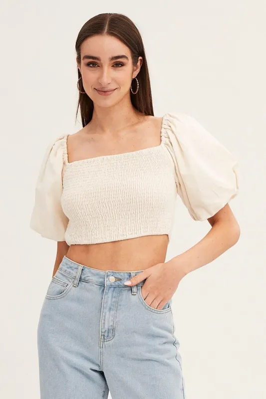 White Linen Blend Half Sleeve Shirred Cropped Top sold by Ally Fashion