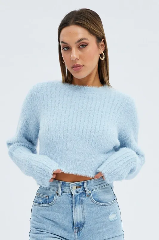 Blue Fluffy Knit Long Sleeve Crop sold by Ally Fashion