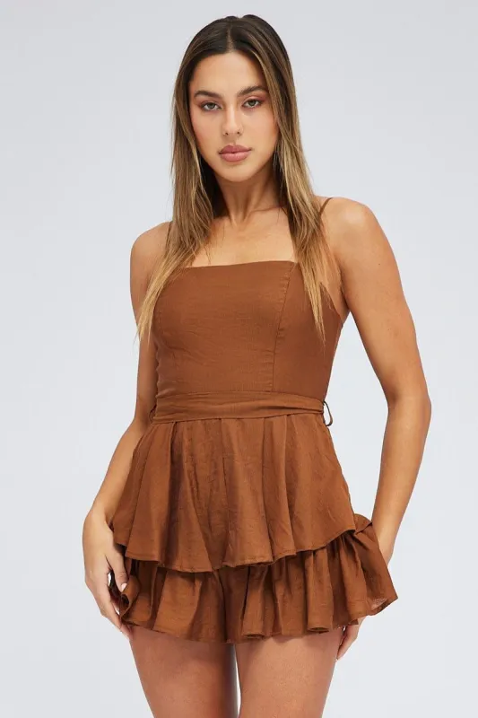 Brown Ruffle Playsuit Sleeveless sold by Ally Fashion