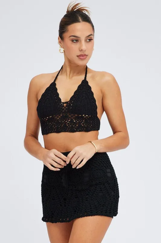 Black Crochet Bikini and Skirt Beach Set sold by Ally Fashion
