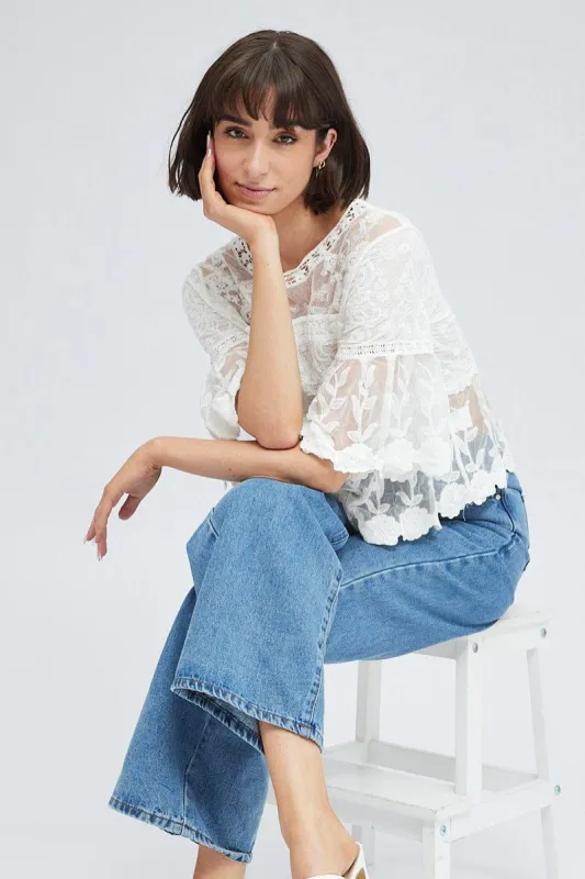 White Mesh Lace Crochet Top sold by Ally Fashion