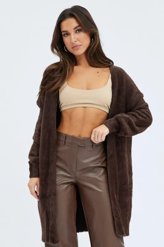 Brown Fluffy Longline Cardigan sold by Ally Fashion