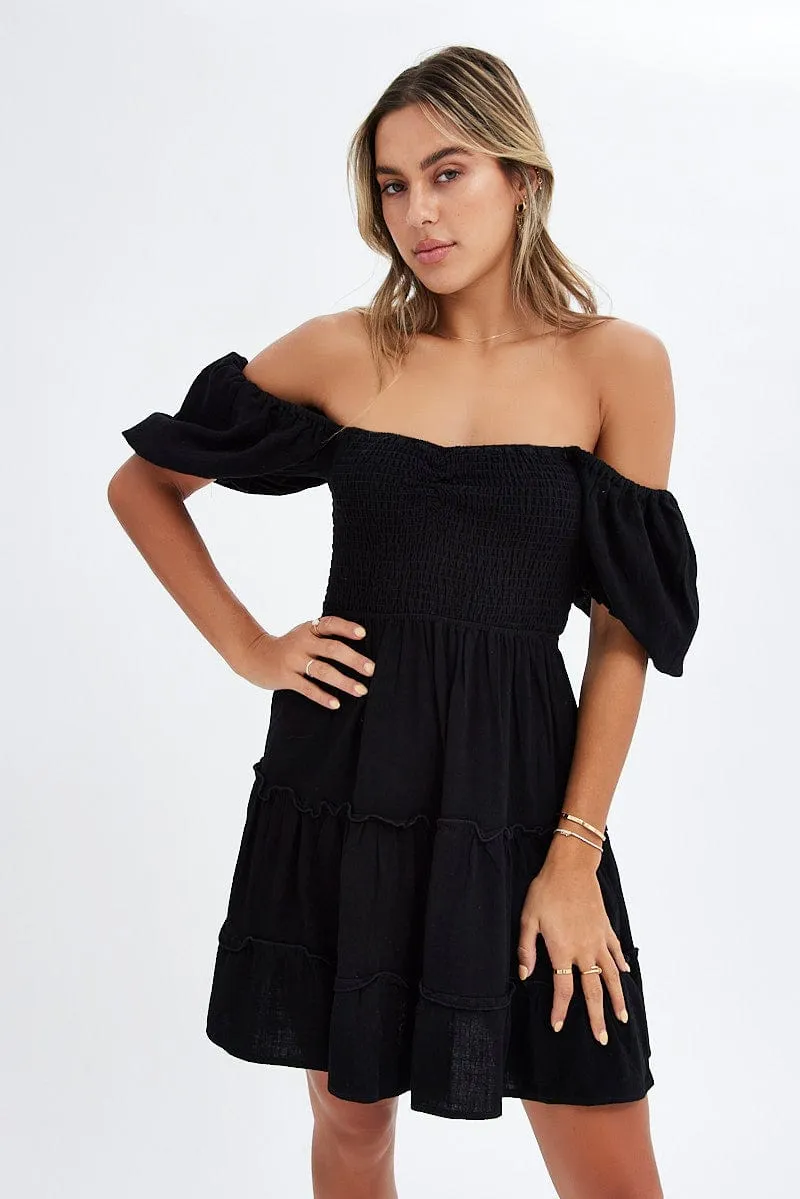 Black Fit And Flare Dress Puff Sleeve Mini sold by Ally Fashion