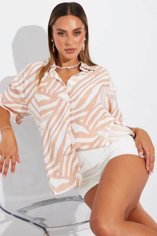Beige Abstract Shirt Short Sleeve sold by Ally Fashion