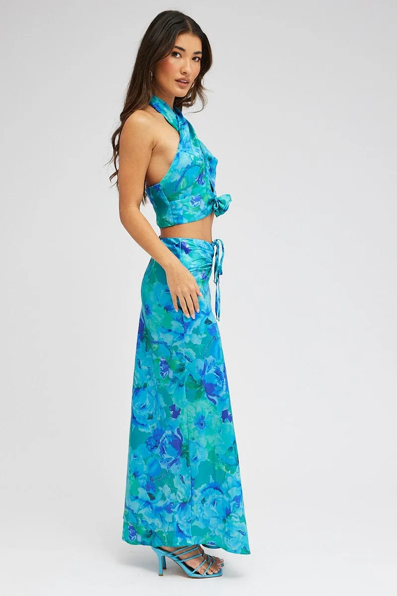 Blue Floral Maxi Skirt Satin Low Rise Draw String sold by Ally Fashion product image thumbnail 4