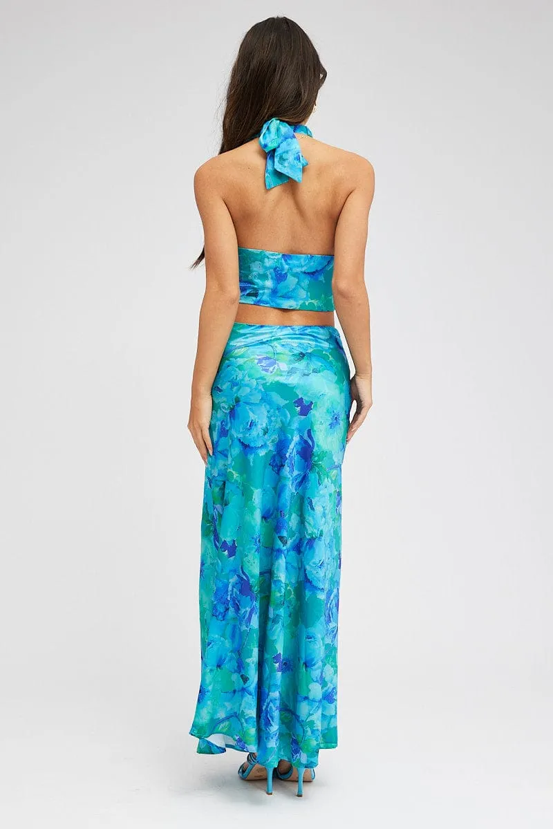 Blue Floral Maxi Skirt Satin Low Rise Draw String sold by Ally Fashion product image thumbnail 5