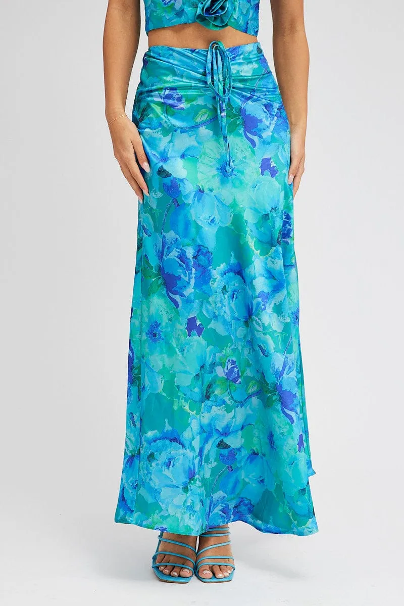 Blue Floral Maxi Skirt Satin Low Rise Draw String sold by Ally Fashion product image thumbnail 2