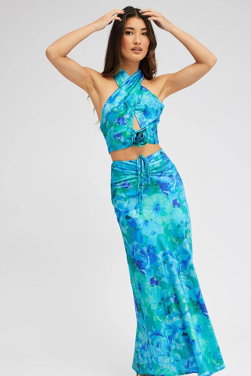 Blue Floral Maxi Skirt Satin Low Rise Draw String sold by Ally Fashion product image thumbnail 3